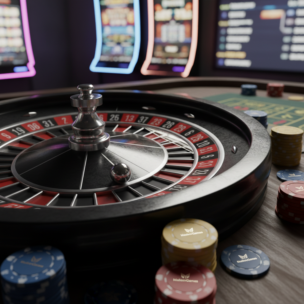 A close-up, cinematic shot of a glossy black roulette wheel with metallic red and ebony pockets, captured just as a chrome ball spins at high speed along the rim. The wheel sits on a dark walnut casino table with subtle grain texture, surrounded by neatly arranged casino chips in vivid blues, reds, and golds, all branded with a small MaderoGames emblem. Dramatic side lighting from a virtual spotlight creates intense highlights on the polished metal and deep shadows in the wheel’s grooves. The background is softly blurred, hinting at holographic slot machines and digital leaderboards. Shot from a slightly elevated angle, the composition feels bold and suspenseful, emphasizing motion and anticipation in a hyper-realistic, photographic style.