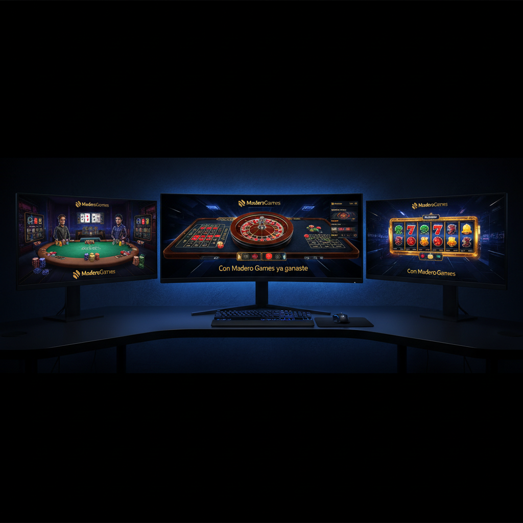 A panoramic view of a multi-screen virtual gaming setup displaying different MaderoGames casino experiences: a poker table, live roulette interface, and animated slot reels. The central subject is a sleek ultra-wide curved monitor on a matte black desk with subtle LED strips glowing electric blue. The screens show crisp, high-contrast graphics with bold gold accents and the tagline “Con Madero Games ya ganaste” integrated into a stylish interface. Cool, focused LED lighting from under the desk and behind the monitor casts a futuristic halo on a dark wall, while the rest of the room falls into soft shadow. Captured from a slightly low angle to make the screens feel immersive and dominant, with photographic realism and a bold, gamer-centric atmosphere.